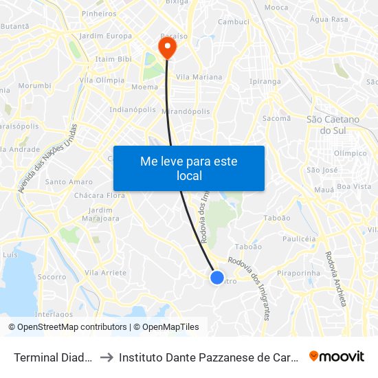 Terminal Diadema to Instituto Dante Pazzanese de Cardiologia map