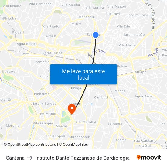 Santana to Instituto Dante Pazzanese de Cardiologia map