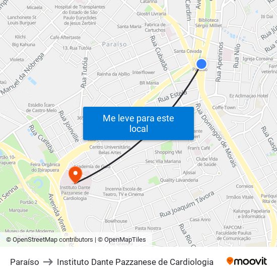 Paraíso to Instituto Dante Pazzanese de Cardiologia map