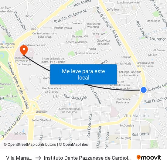 Vila Mariana to Instituto Dante Pazzanese de Cardiologia map