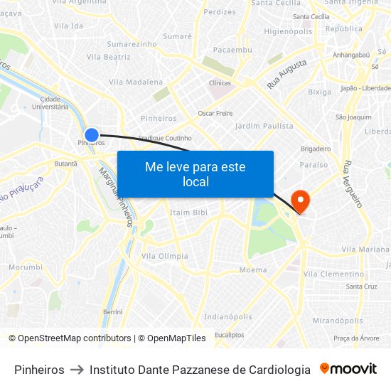 Pinheiros to Instituto Dante Pazzanese de Cardiologia map