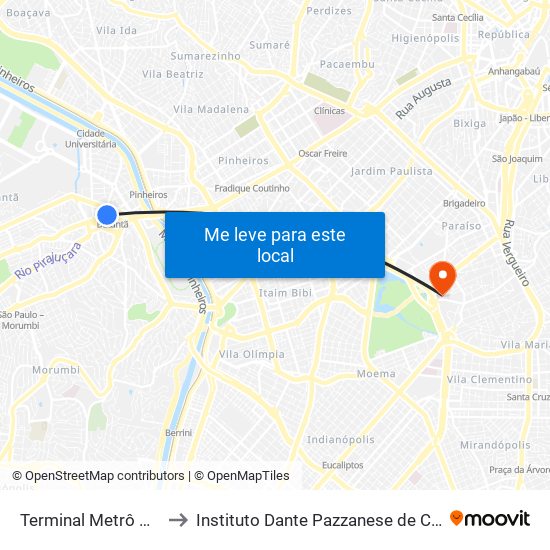 Terminal Metrô Butantã to Instituto Dante Pazzanese de Cardiologia map