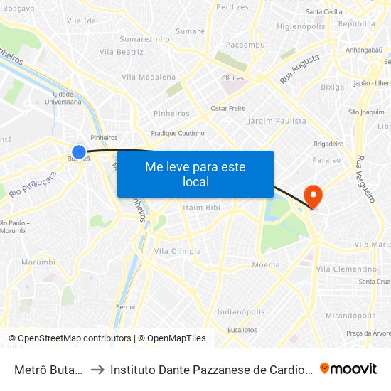 Metrô Butantã to Instituto Dante Pazzanese de Cardiologia map