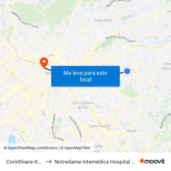 Corinthians-Itaquera to Notredame Intemédica Hospital Santa Cecília map