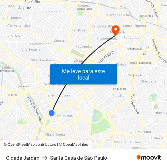 Cidade Jardim to Santa Casa de São Paulo map