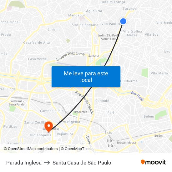 Parada Inglesa to Santa Casa de São Paulo map