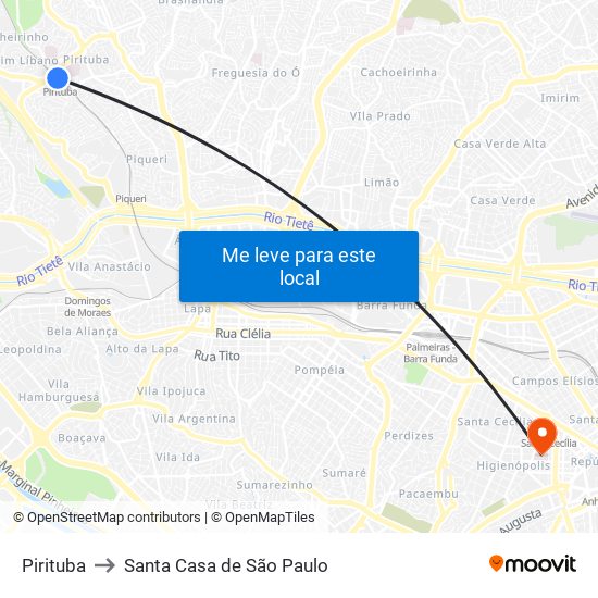 Pirituba to Santa Casa de São Paulo map