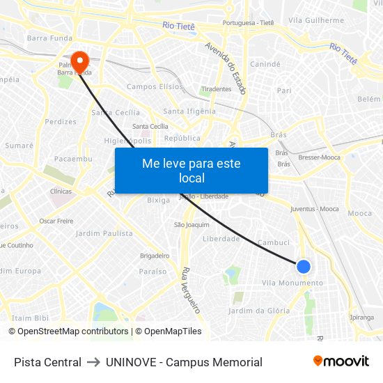 Pista Central to UNINOVE - Campus Memorial map