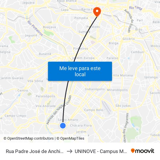 Rua Padre José de Anchieta 182 to UNINOVE - Campus Memorial map