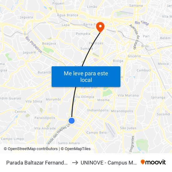 Parada Baltazar Fernandes (C/B) to UNINOVE - Campus Memorial map