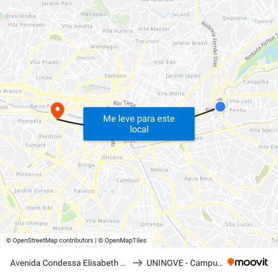 Avenida Condessa Elisabeth De Robiano 4810 to UNINOVE - Campus Memorial map