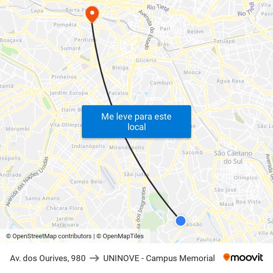 Av. dos Ourives, 980 to UNINOVE - Campus Memorial map