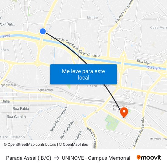 Parada Assaí ( B/C) to UNINOVE - Campus Memorial map