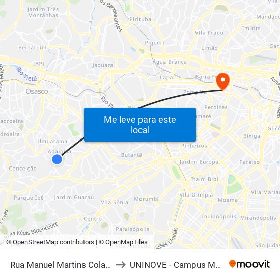 Rua Manuel Martins Colaço 169 to UNINOVE - Campus Memorial map