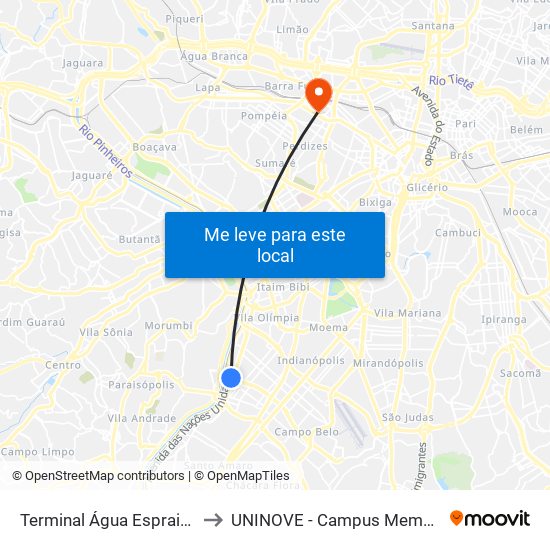 Plat. Lateral Terminal Água Espraiada to UNINOVE - Campus Memorial map