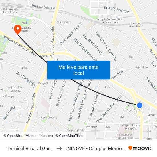 Terminal Amaral Gurgel to UNINOVE - Campus Memorial map