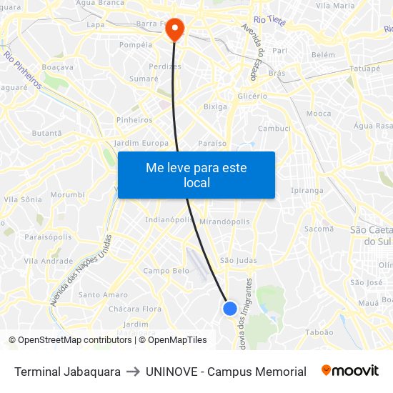 Terminal Jabaquara to UNINOVE - Campus Memorial map