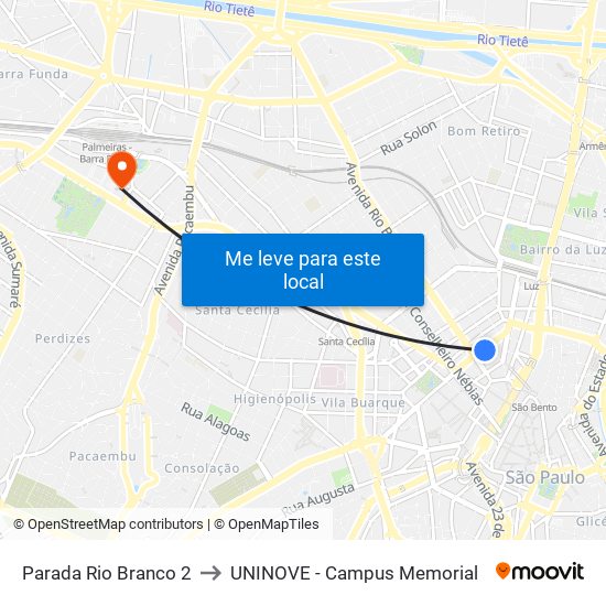 Parada Rio Branco 2 to UNINOVE - Campus Memorial map