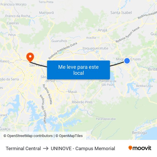 Terminal Central to UNINOVE - Campus Memorial map