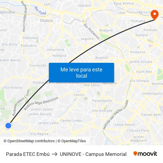 Parada ETEC Embú to UNINOVE - Campus Memorial map