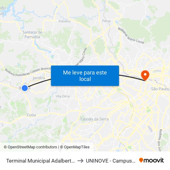 Terminal Municipal Adalberto Montanher to UNINOVE - Campus Memorial map
