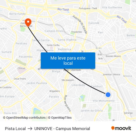 Pista Local to UNINOVE - Campus Memorial map