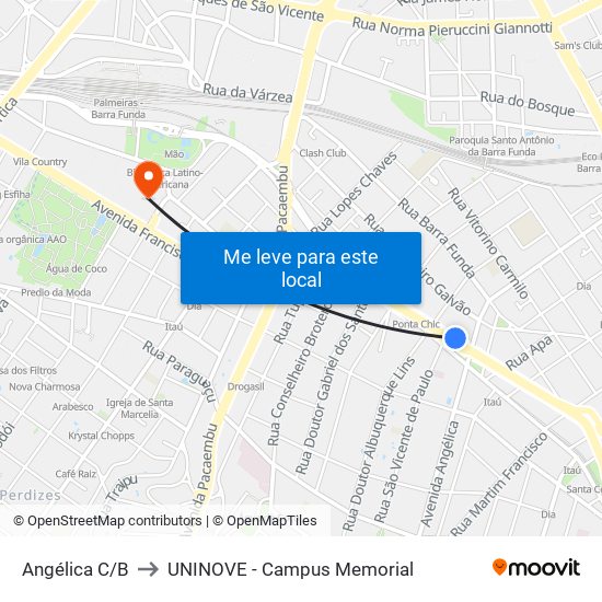 Angélica C/B to UNINOVE - Campus Memorial map