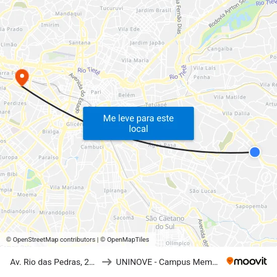 Av. Rio das Pedras, 2008 to UNINOVE - Campus Memorial map
