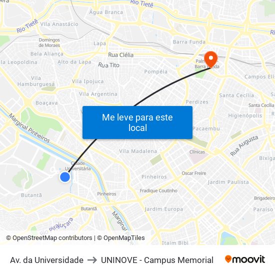 Av. da Universidade to UNINOVE - Campus Memorial map