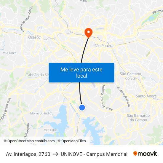 Av. Interlagos, 2760 to UNINOVE - Campus Memorial map