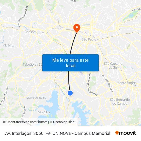 Av. Interlagos, 3060 to UNINOVE - Campus Memorial map