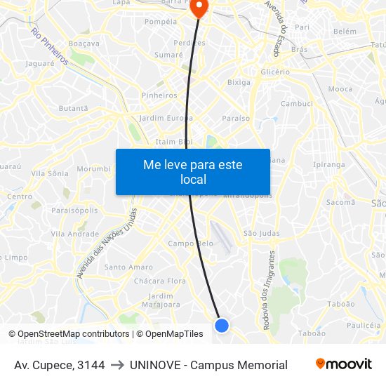 Av. Cupece, 3144 to UNINOVE - Campus Memorial map