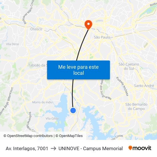 Av. Interlagos, 7001 to UNINOVE - Campus Memorial map