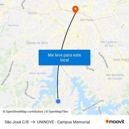 São José C/B to UNINOVE - Campus Memorial map