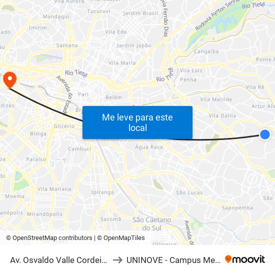 Av. Osvaldo Valle Cordeiro, 614 to UNINOVE - Campus Memorial map
