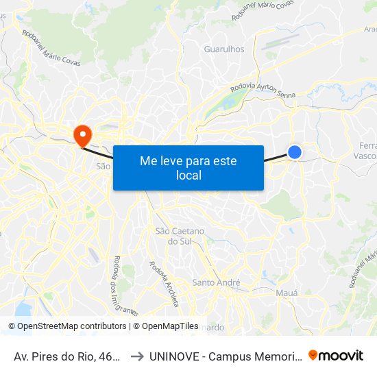 Av. Pires do Rio, 4628 to UNINOVE - Campus Memorial map