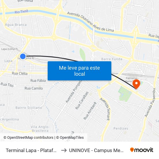 Terminal Lapa - Plataforma to UNINOVE - Campus Memorial map