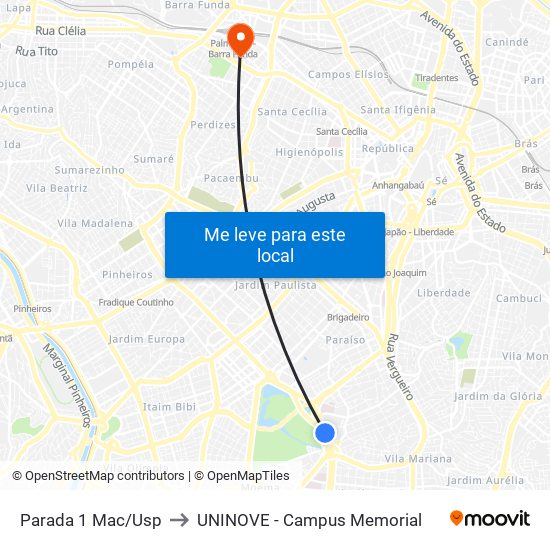 Parada 1 Mac/Usp to UNINOVE - Campus Memorial map