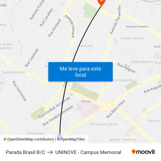 Parada Brasil B/C to UNINOVE - Campus Memorial map