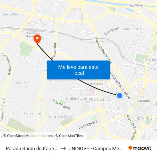 Barão de Itapetinga to UNINOVE - Campus Memorial map