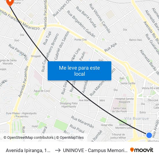 Avenida Ipiranga, 102 to UNINOVE - Campus Memorial map