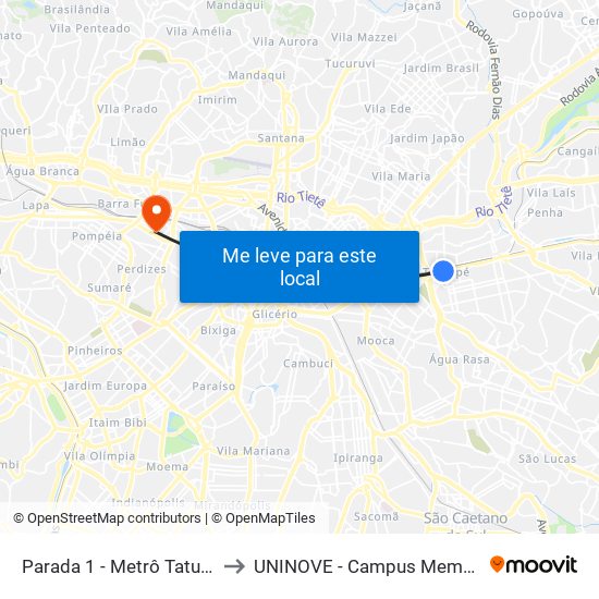 Parada 1 - Metrô Tatuapé to UNINOVE - Campus Memorial map