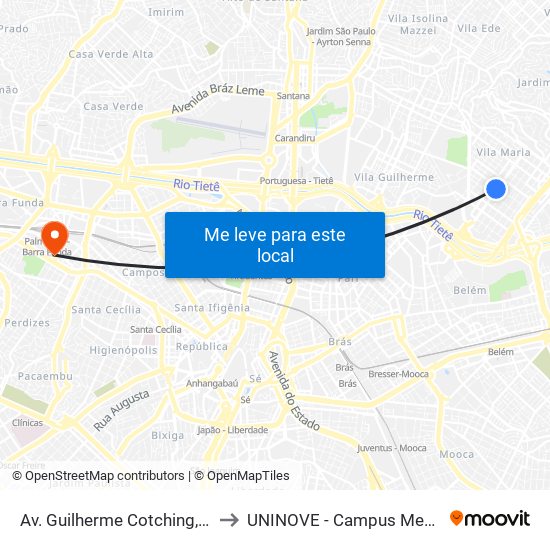 Av. Guilherme Cotching, 1139 to UNINOVE - Campus Memorial map