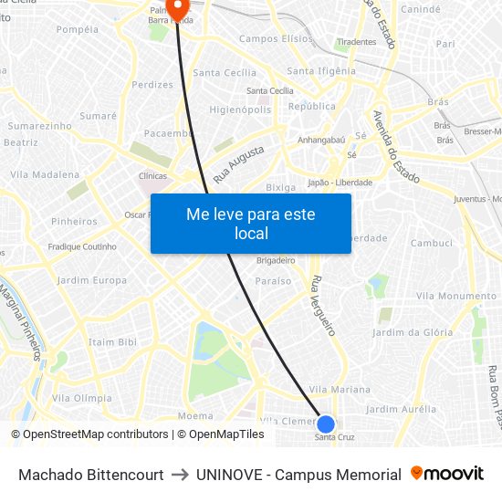 Machado Bittencourt to UNINOVE - Campus Memorial map