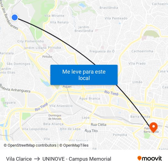 Vila Clarice to UNINOVE - Campus Memorial map