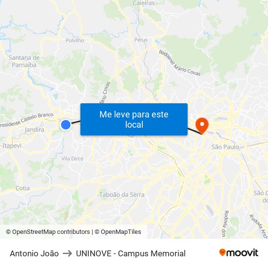Antonio João to UNINOVE - Campus Memorial map