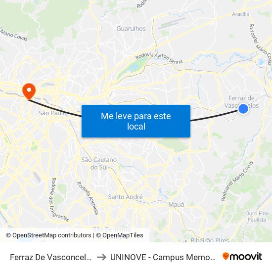 Ferraz De Vasconcelos to UNINOVE - Campus Memorial map