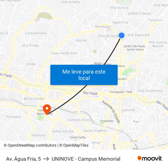 Av. Água Fria, 5 to UNINOVE - Campus Memorial map