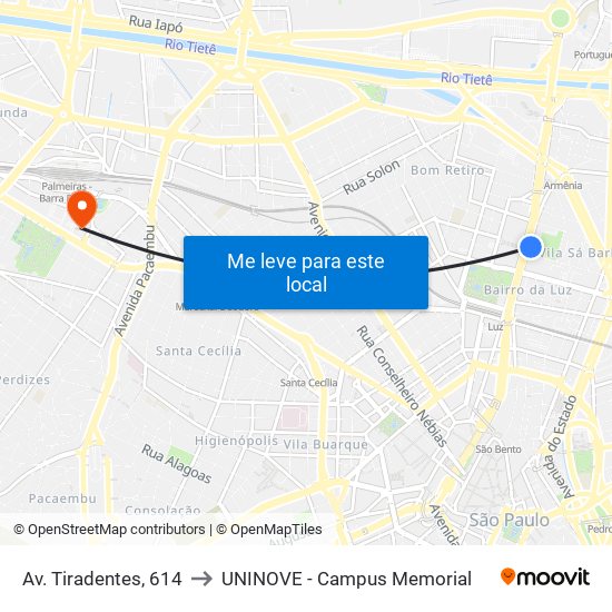 Av. Tiradentes, 614 to UNINOVE - Campus Memorial map