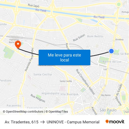 Av. Tiradentes, 615 to UNINOVE - Campus Memorial map